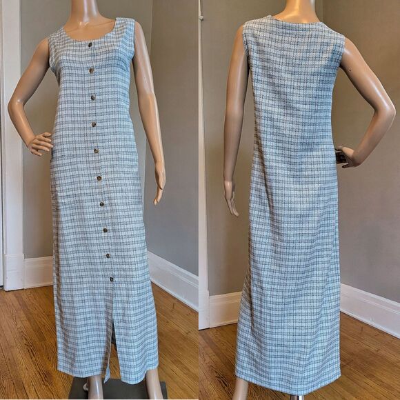 Vintage 90s AMI Knit Plaid Maxi Dress Button Front Gray Pockets Minimalist L - Picture 2 of 9